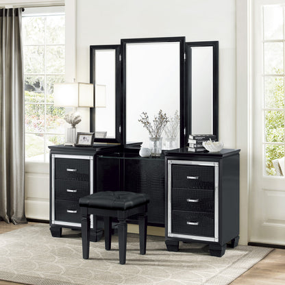 Black Wood Vanity Stool - Bedroom Glam Seat