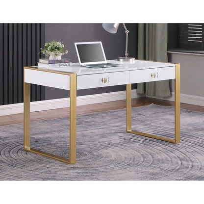 Modern White/Gold 2 Drawer Computer Desk for Office, Home Study Room, Lacquer Finish Wood Gaming Computer Desk with Metal Legs