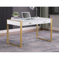 Modern White/Gold 2 Drawer Computer Desk for Office, Home Study Room, Lacquer Finish Wood Gaming Computer Desk with Metal Legs