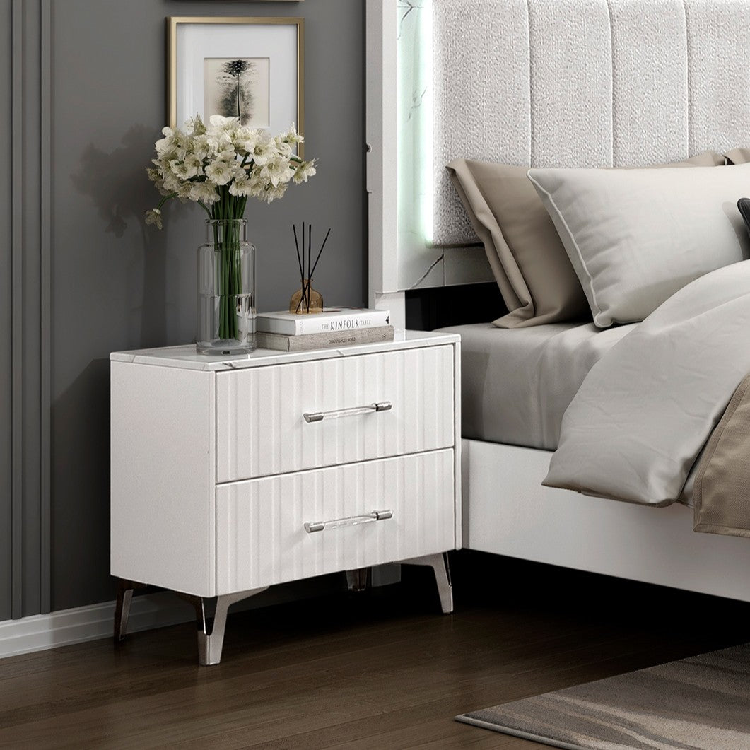 Glam White Nightstand of 2x Storage Drawers Faux Marble Laminated Top Chrome Metal Legs Bedroom Furniture 1pc