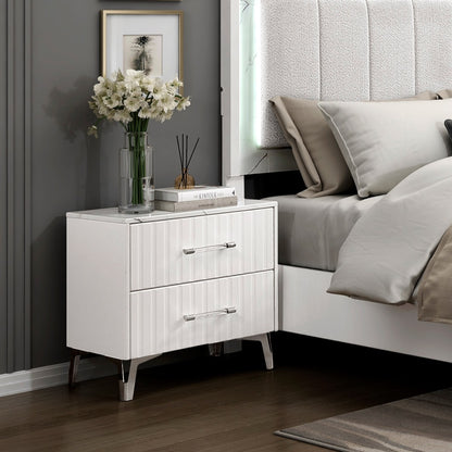 Glam White Nightstand of 2x Storage Drawers Faux Marble Laminated Top Chrome Metal Legs Bedroom Furniture 1pc
