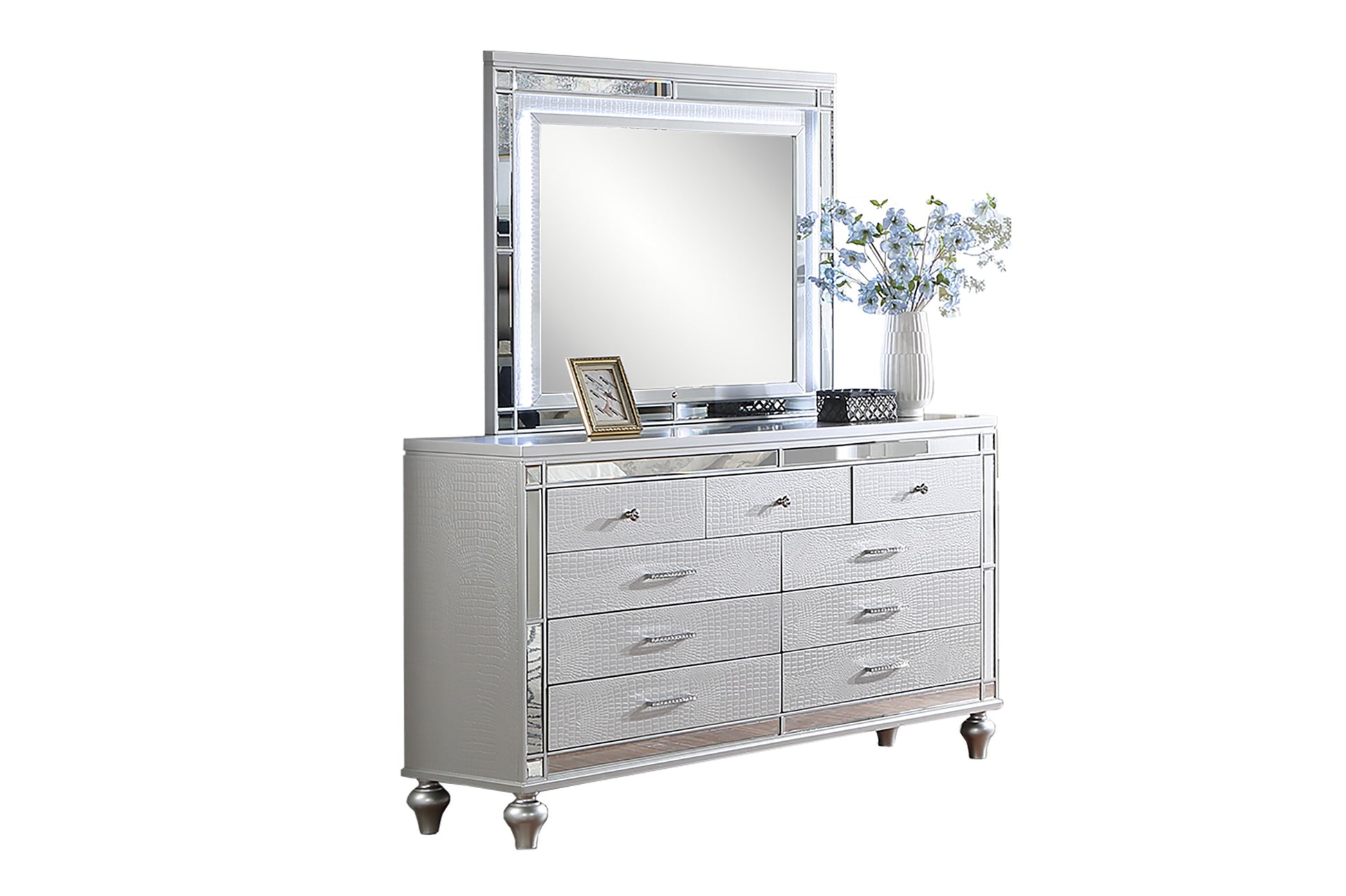Glam Style 1pc Dresser Snake Skin Design Glass Panel Gourd Legs Silver Finish Bedroom Furniture