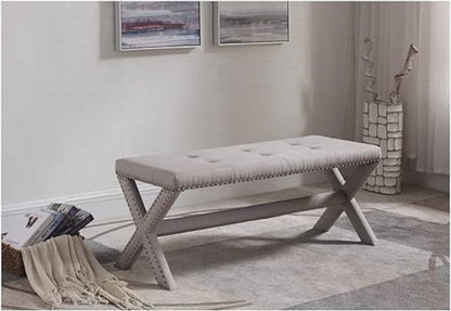 Glam Accent Bench with Nailhead Trim, Tufted Seat, Upholstered Side Bench for Bedroom, Livingroom and Entryway, Gray