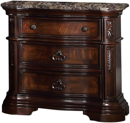 Traditional Bedroom Nightstand with Faux Marble Top, Solid Wood 3-Drawer Nightstand Table, Walnut