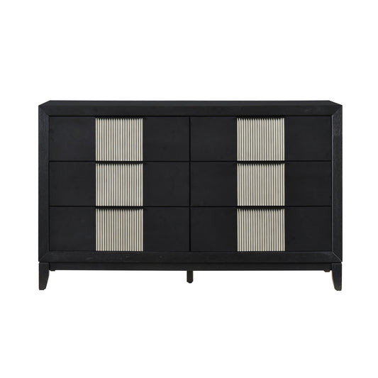 Contemporary 6-Drawer Dresser Charcoal Gray Finish Solid Wood Bedroom Furniture 1pc Storage Cabinet Reeded Front Panels
