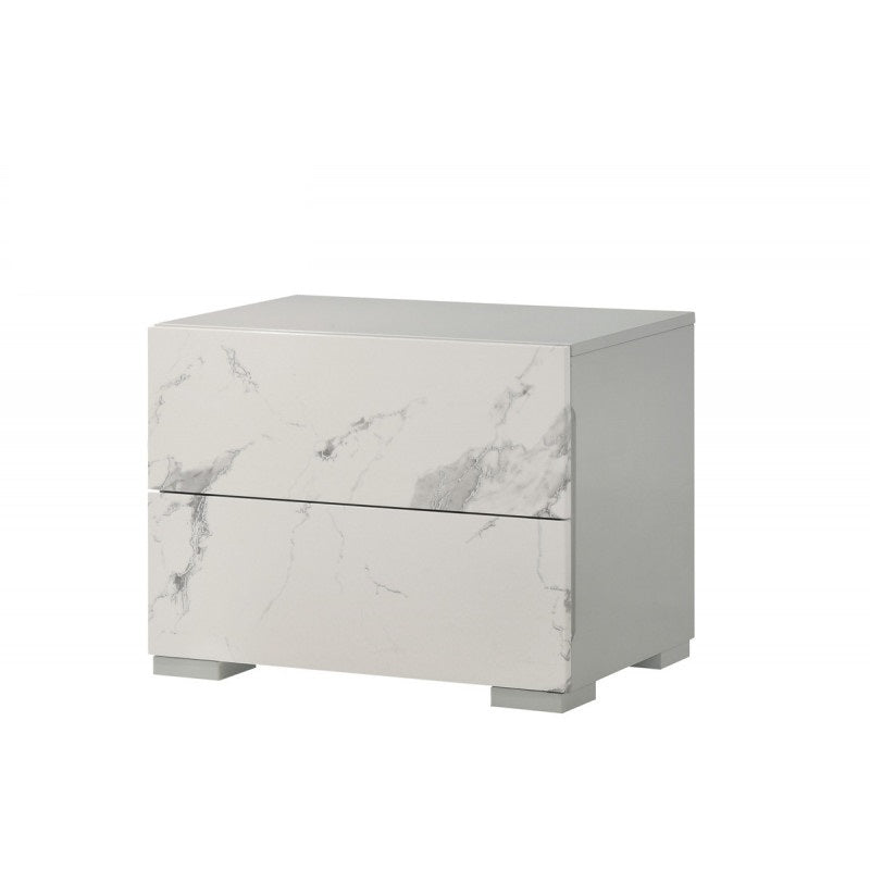 White/Gray Wood Modern Lacquer Nightstand with Marble Laminate, High Gloss Finish Bedside Cabinet