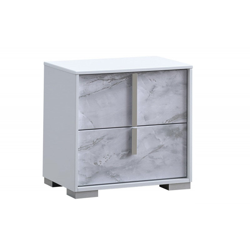 White/Silver Wood Modern Lacquer Nightstand, Marble Accent 2-Drawer Bedside Cabinet