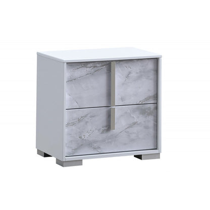White/Silver Wood Modern Lacquer Nightstand, Marble Accent 2-Drawer Bedside Cabinet
