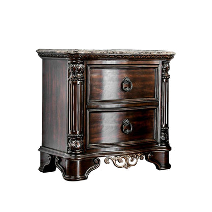 Genuine Marble Top Nightstand with 2 Drawers, Brown Cherry