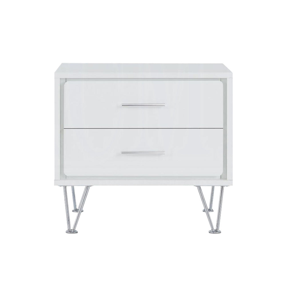 2 Drawers Nightstand with Metal Legs, White