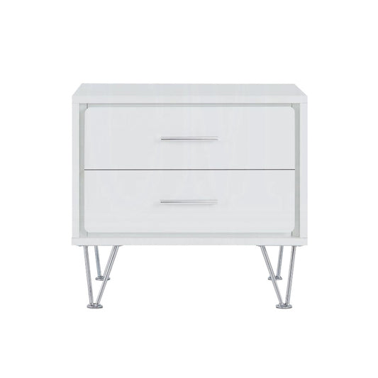 2 Drawers Nightstand with Metal Legs, White