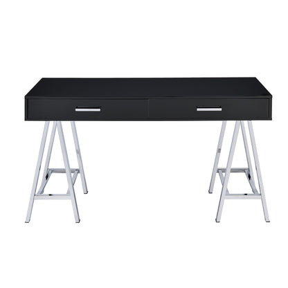 2 Drawers Writing Desk with Metal Base, Black High Gloss and Chrome