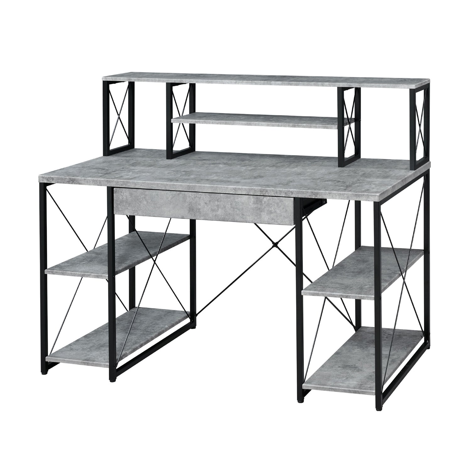Writing Desk with One Drawer and 8 Open Compartment, Faux Concrete and Black
