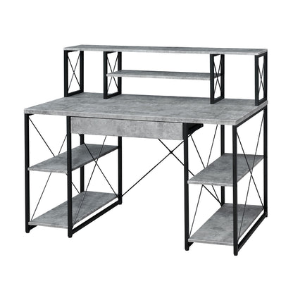 Writing Desk with One Drawer and 8 Open Compartment, Faux Concrete and Black