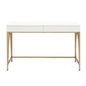 2 Drawers Writing Desk with Metal Trestle Base, White High Gloss and Gold
