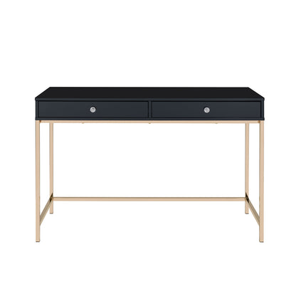 Rectangular Writing Desk with 2 Drawers, Black High Gloss and Gold