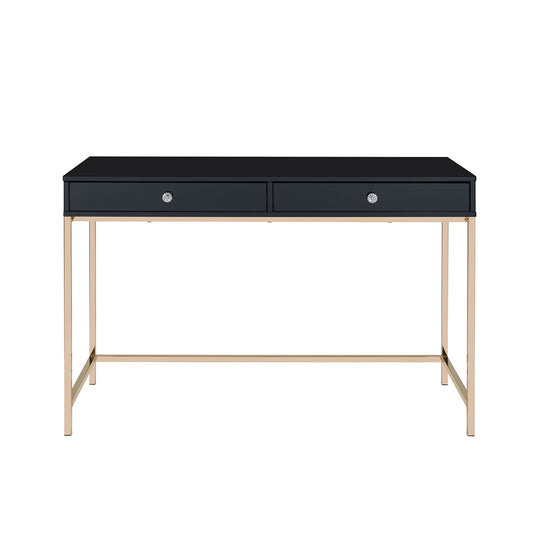 Rectangular Writing Desk with 2 Drawers, Black High Gloss and Gold