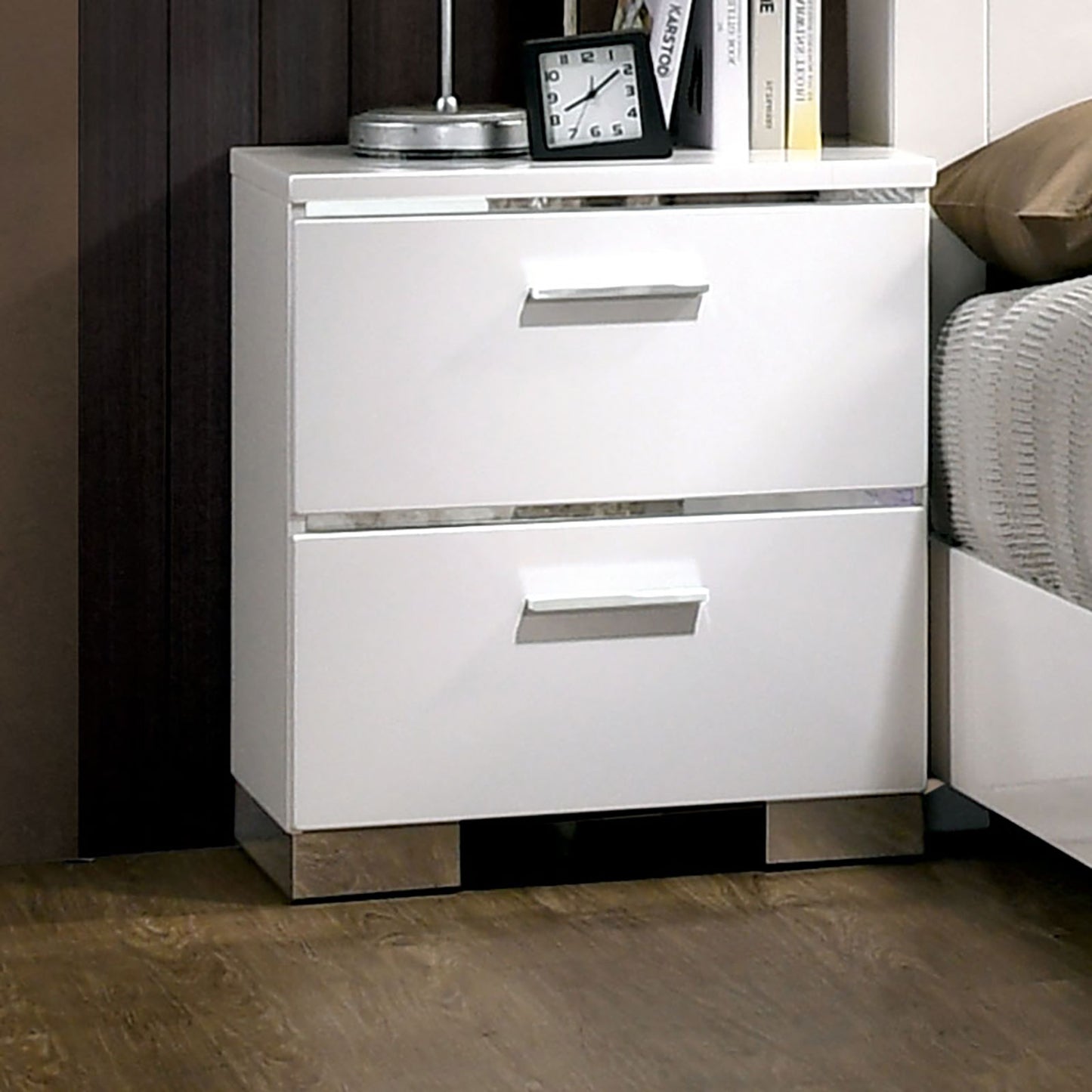 Glossy White Nightstand with 2 Drawers & USB