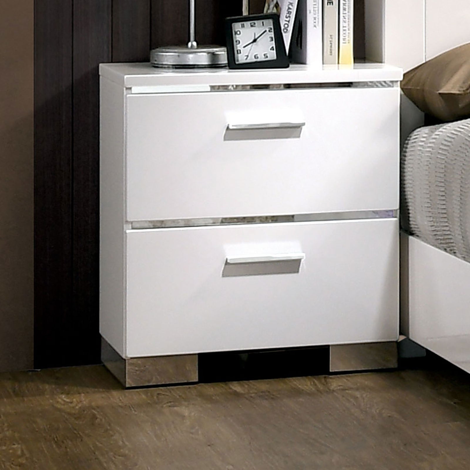 Glossy White Nightstand with 2 Drawers & USB