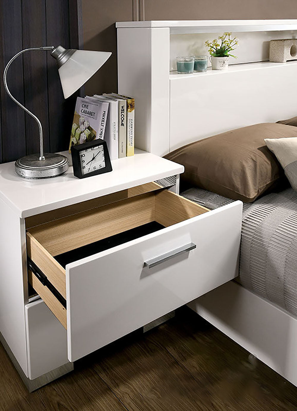 Glossy White Nightstand with 2 Drawers & USB