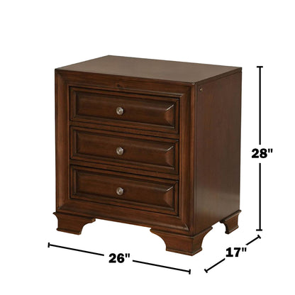 Brown Solid Wood Nightstand with 3 Drawers