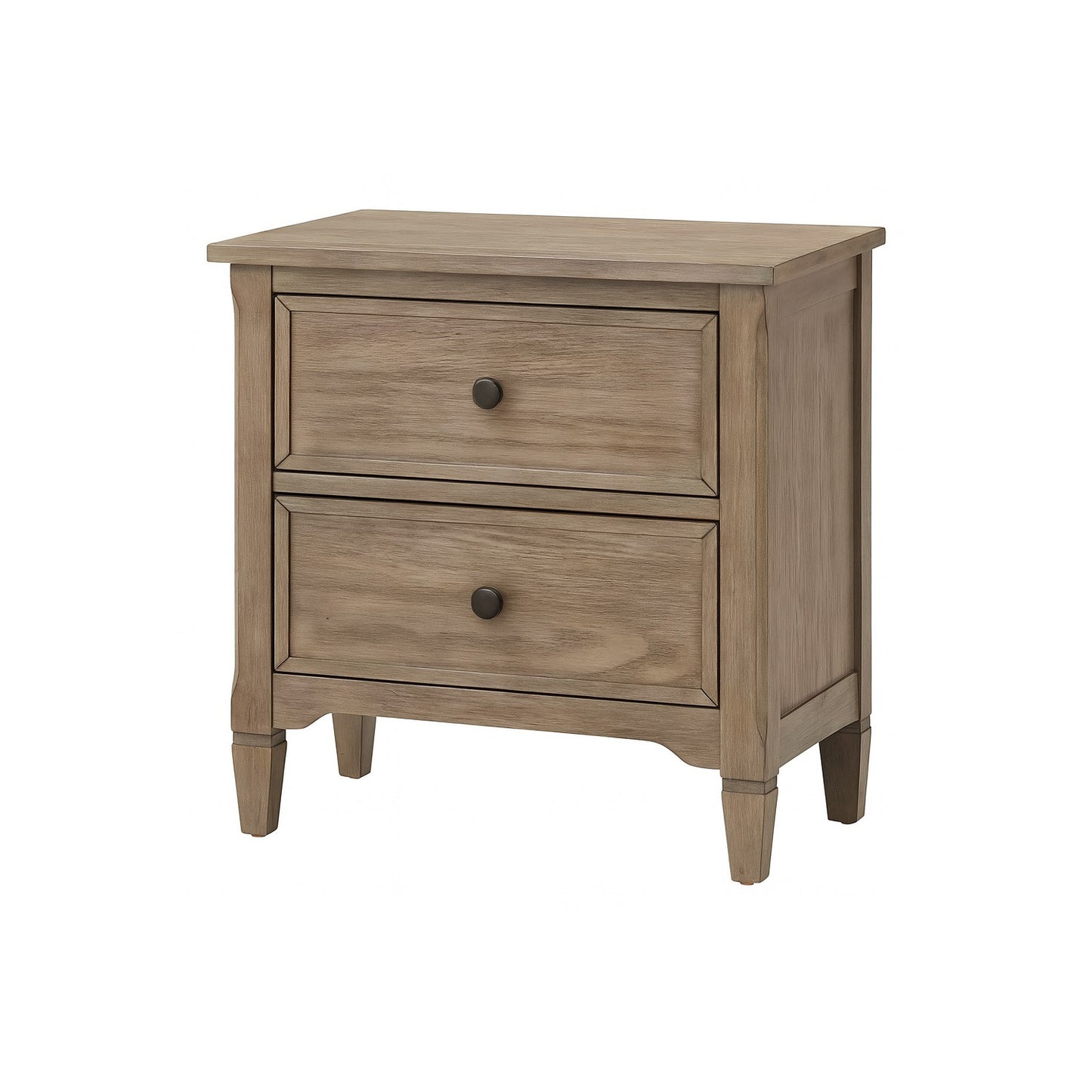 2-Drawer Nightstand with Round Bronze Pull Knobs, Wire-Brushed Warm Gray