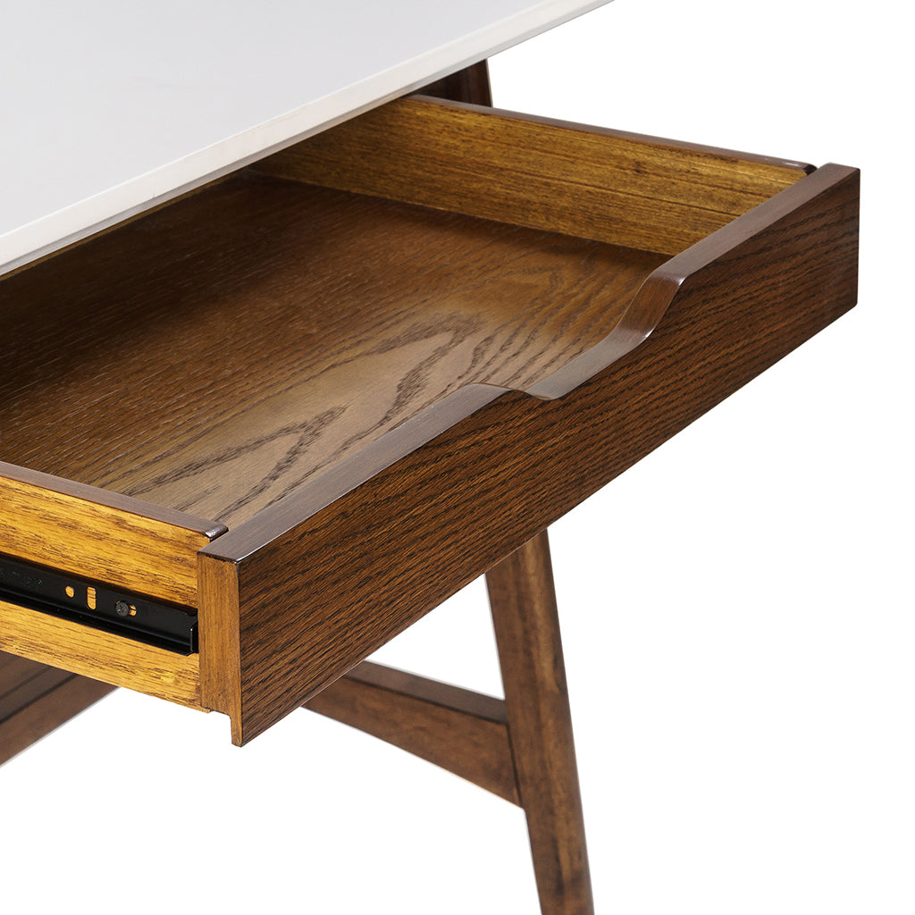 Off-White+Pecan Wood Desk with Storage Shelf for Home Office