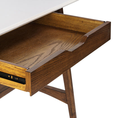 Off-White+Pecan Wood Desk with Storage Shelf for Home Office