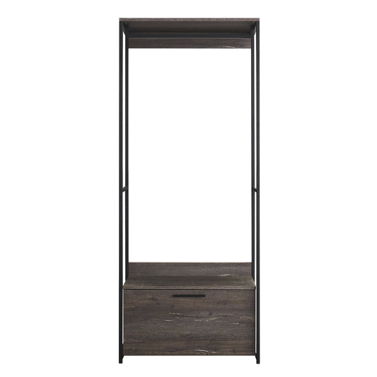 Monica Wood and Metal Walk-in Closet with One Drawer in Rustic Gray