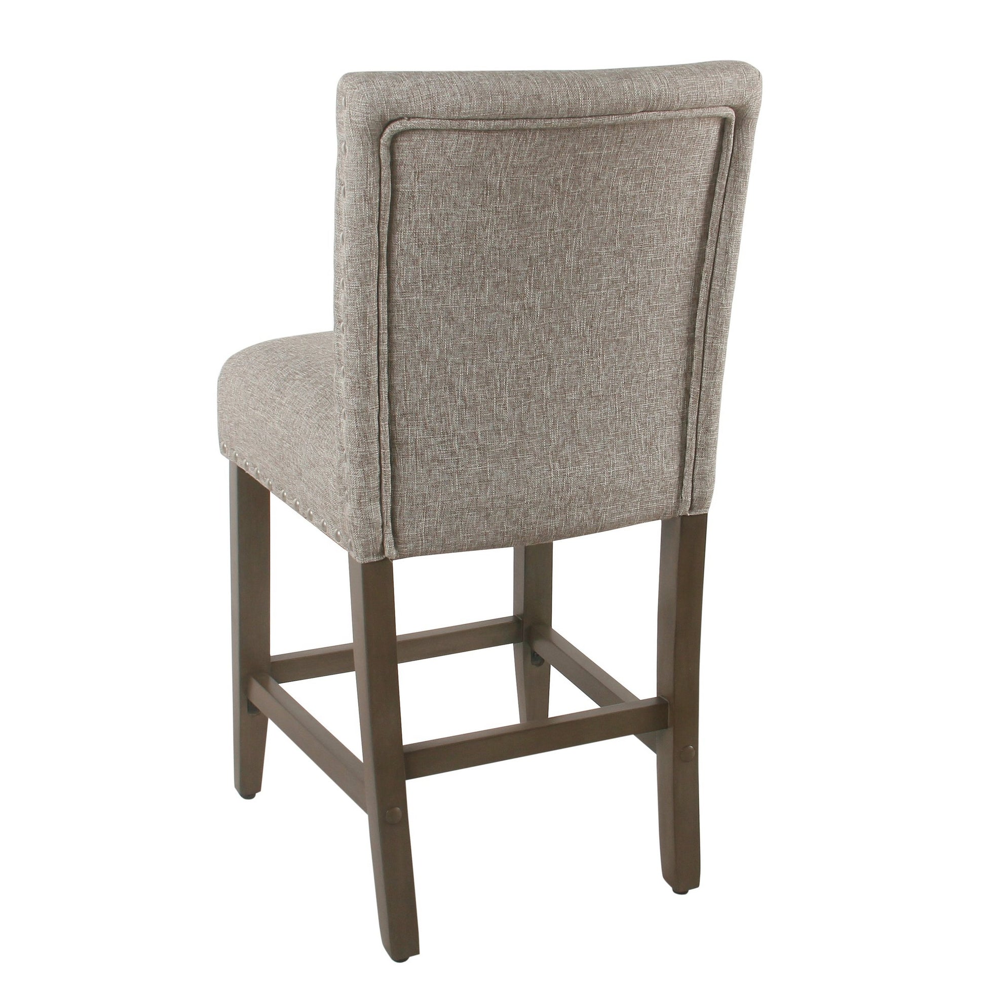 Fabric Upholstered Wooden Counter Stool with Striking Nail head Trims, Gray and Brown