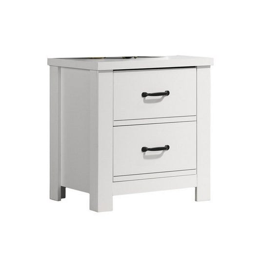 Jermy 22 Inch Nightstand, 2 Drawers, Black Handles, Crisp White Finish