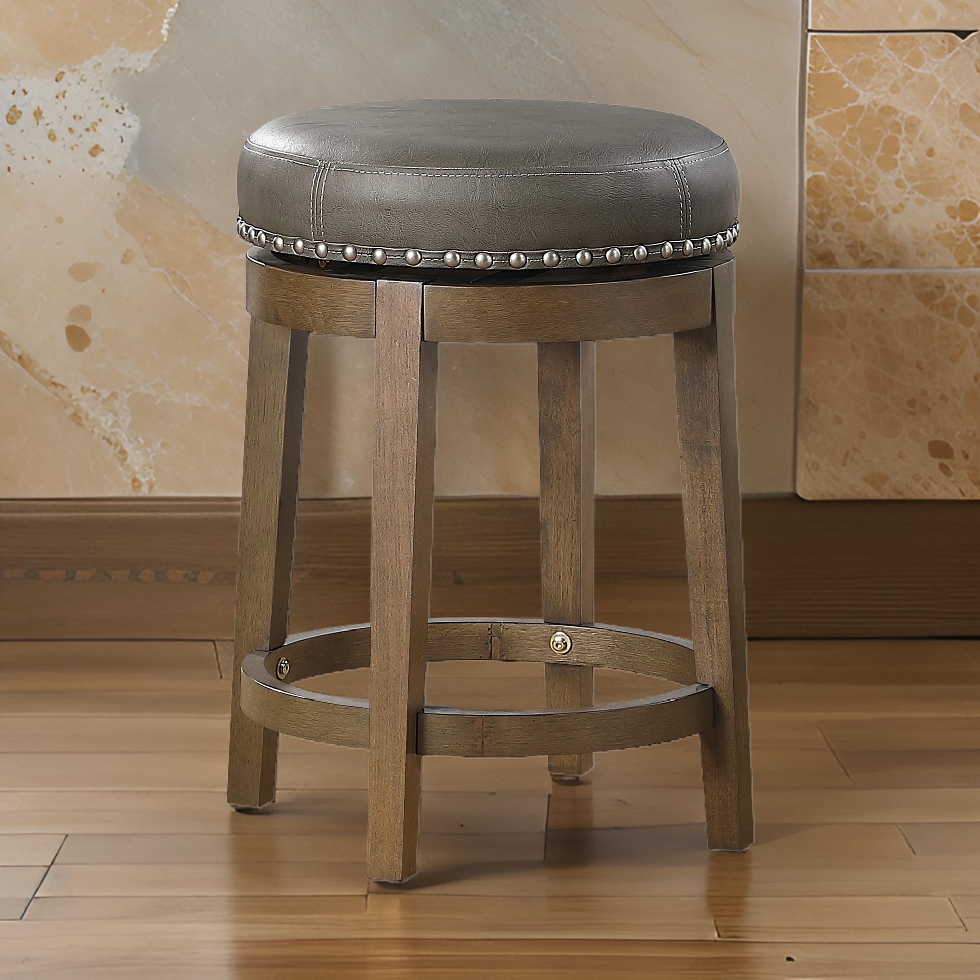 Bara 25 Inch Swivel Counter Stool Gray Round Faux Leather, Brown, Set of 2