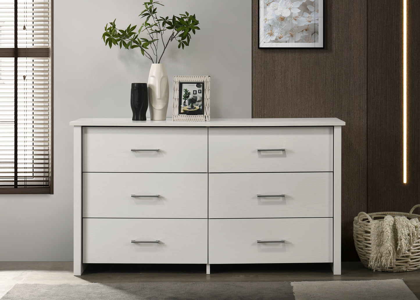 Celeste 57"W White 6-Drawer Dresser with Silver Handles