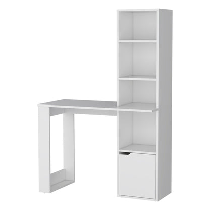 White Engineered Wood Workspace Desk with Integrated Bookcase Storage