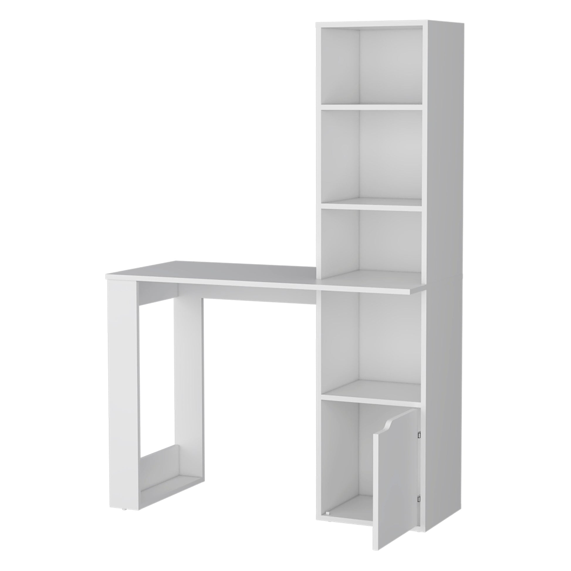White Engineered Wood Workspace Desk with Integrated Bookcase Storage