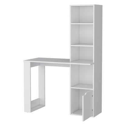 White Engineered Wood Workspace Desk with Integrated Bookcase Storage