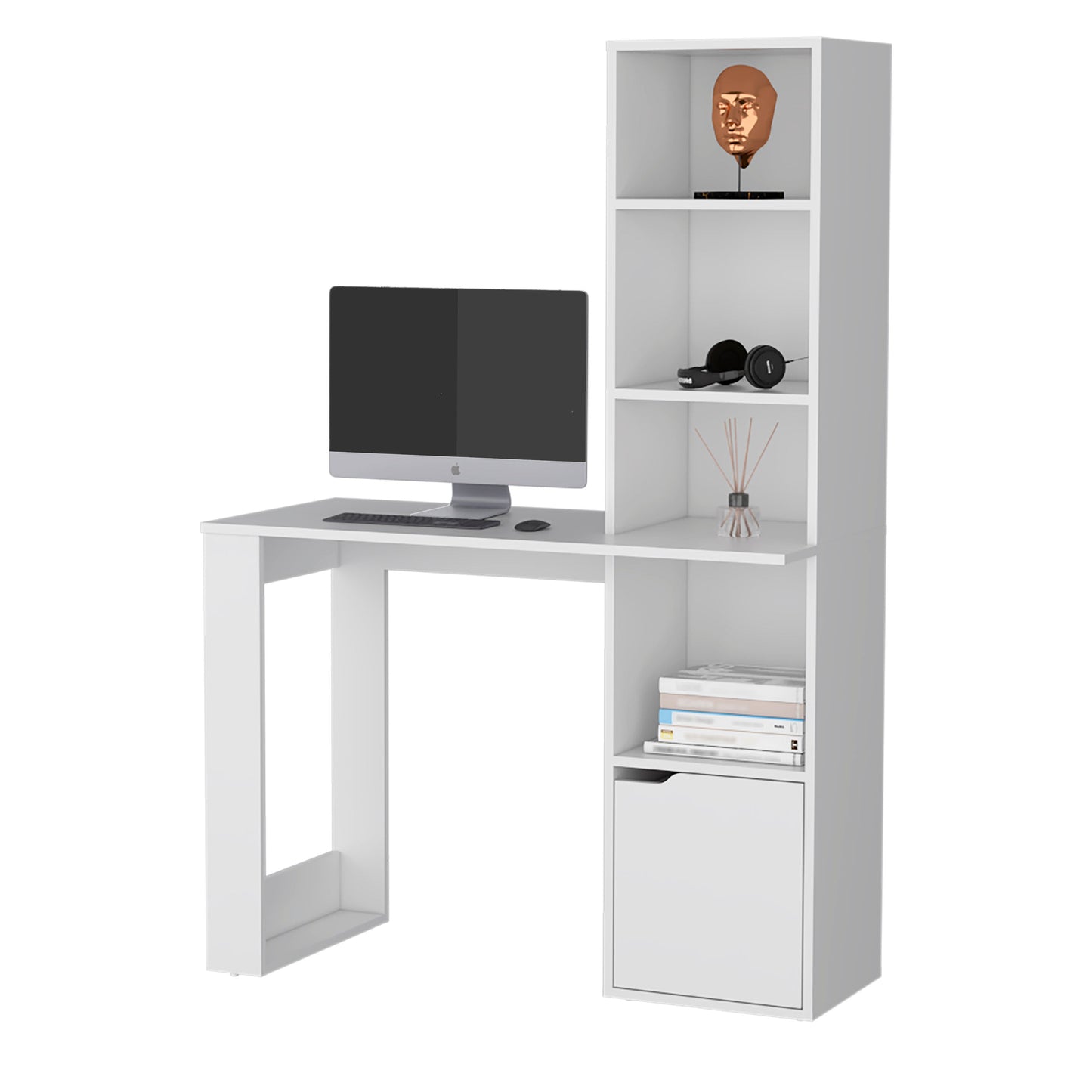 White Engineered Wood Workspace Desk with Integrated Bookcase Storage