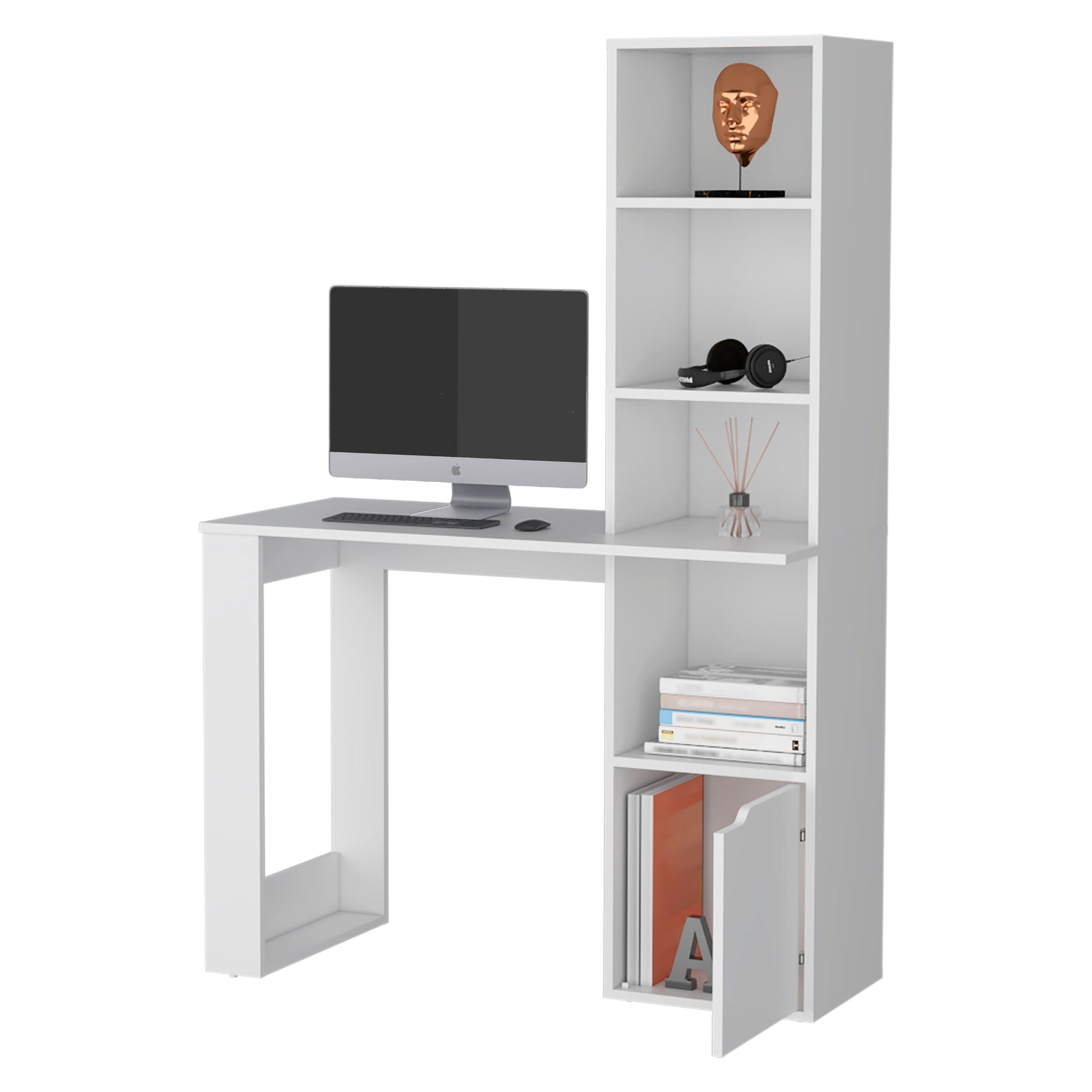 White Engineered Wood Workspace Desk with Integrated Bookcase Storage
