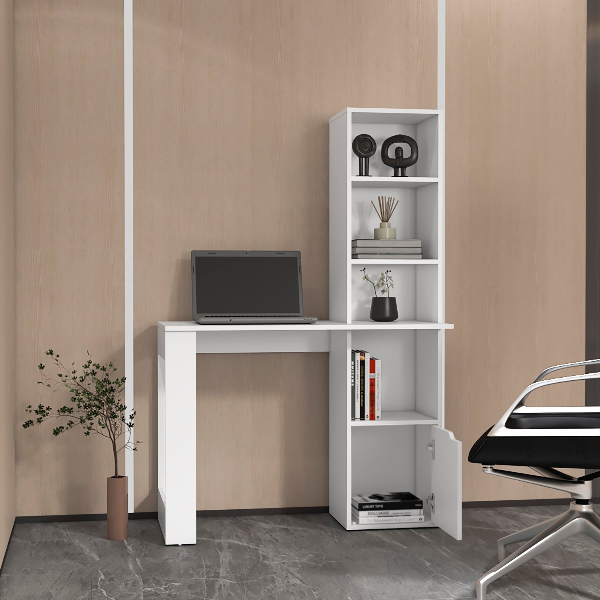 White Engineered Wood Workspace Desk with Integrated Bookcase Storage