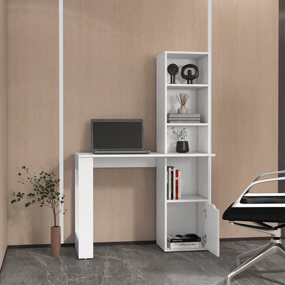 White Engineered Wood Workspace Desk with Integrated Bookcase Storage