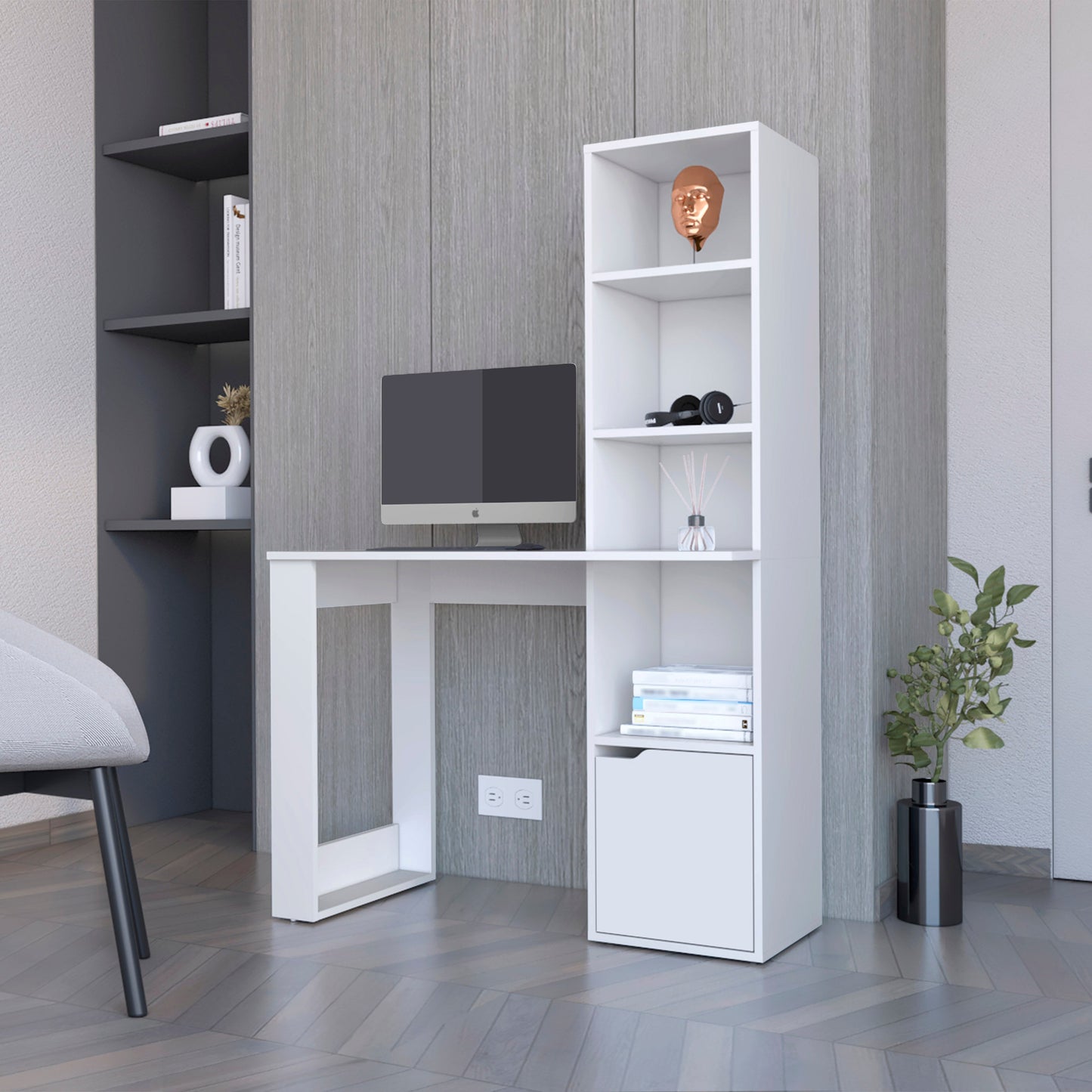 White Engineered Wood Workspace Desk with Integrated Bookcase Storage