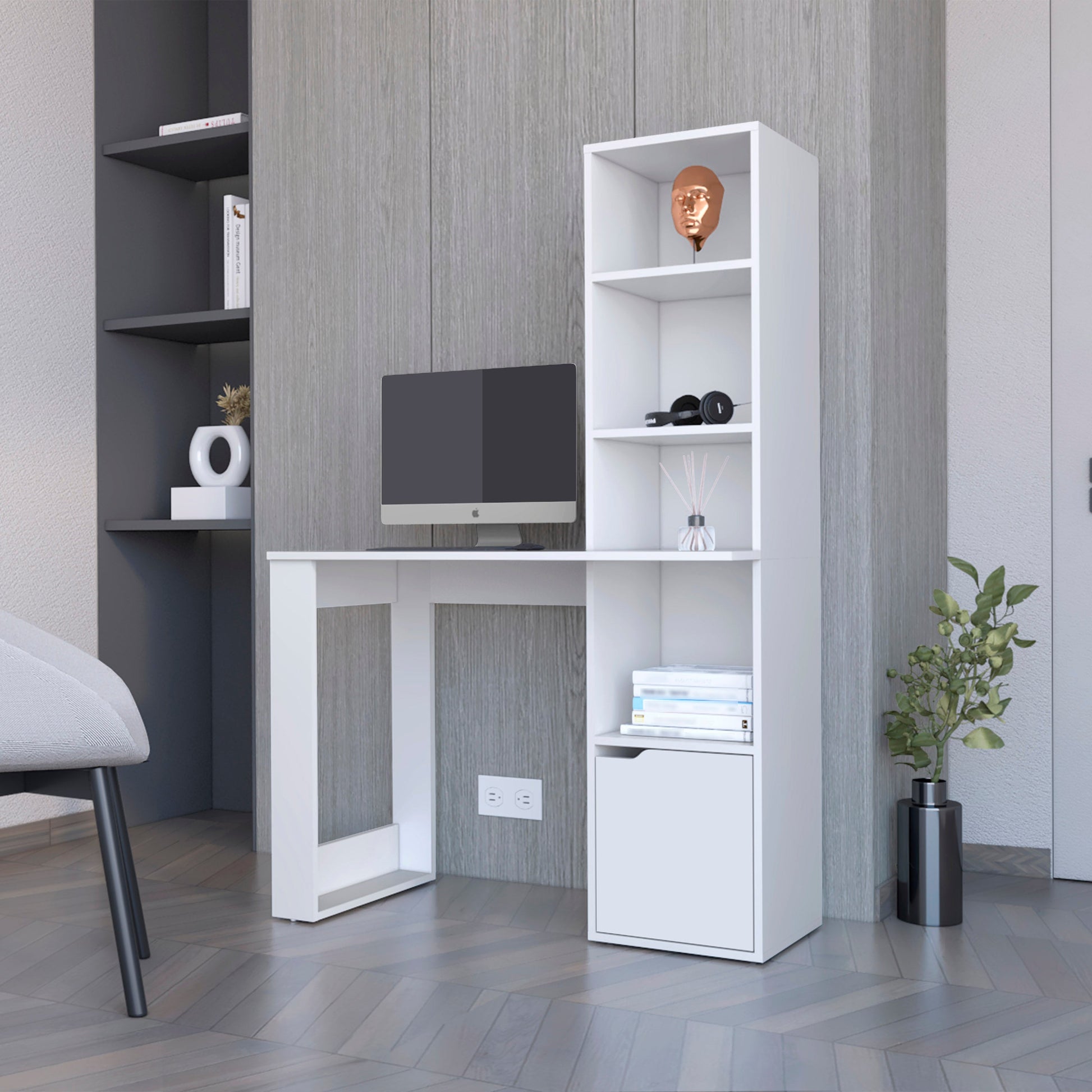 White Engineered Wood Workspace Desk with Integrated Bookcase Storage