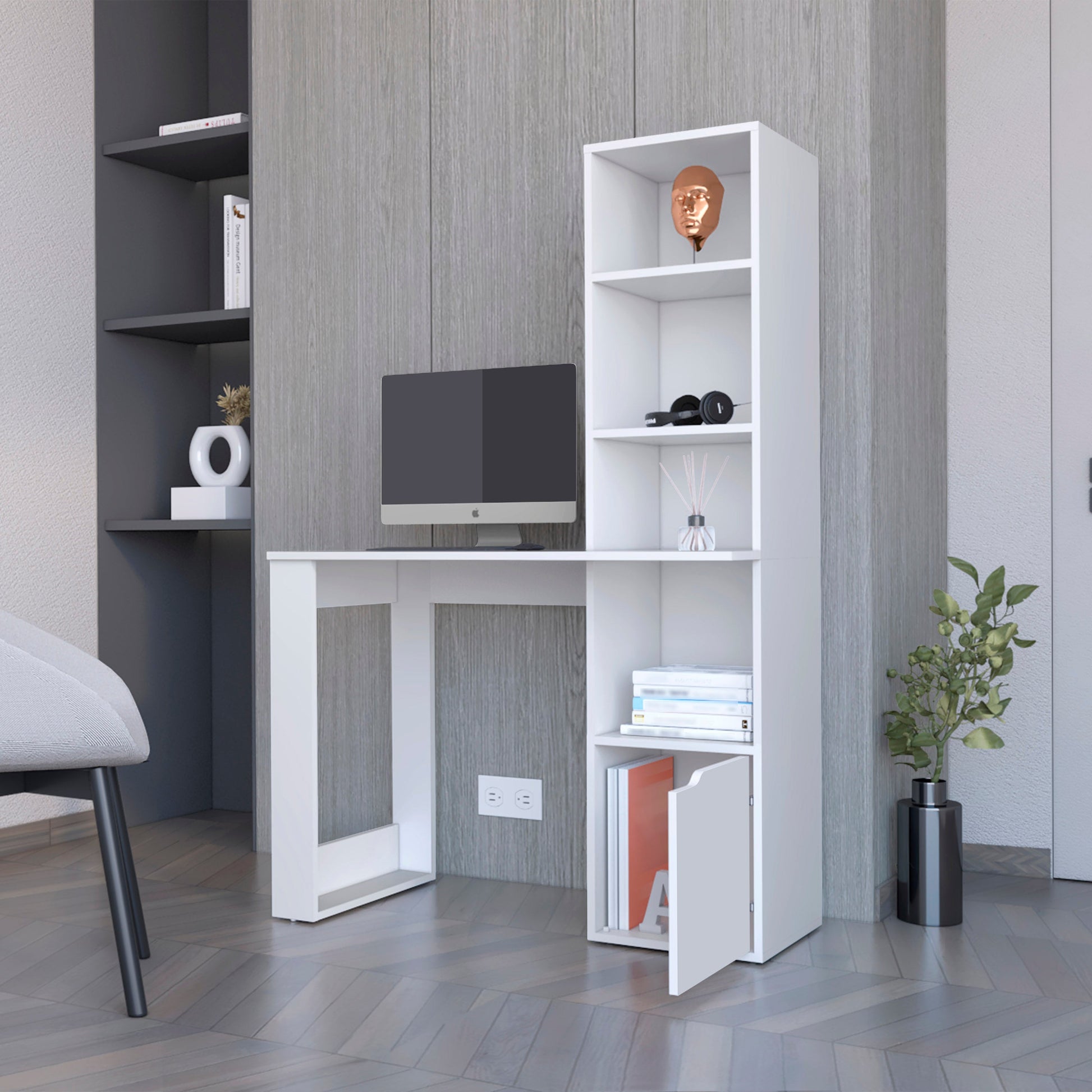 White Engineered Wood Workspace Desk with Integrated Bookcase Storage