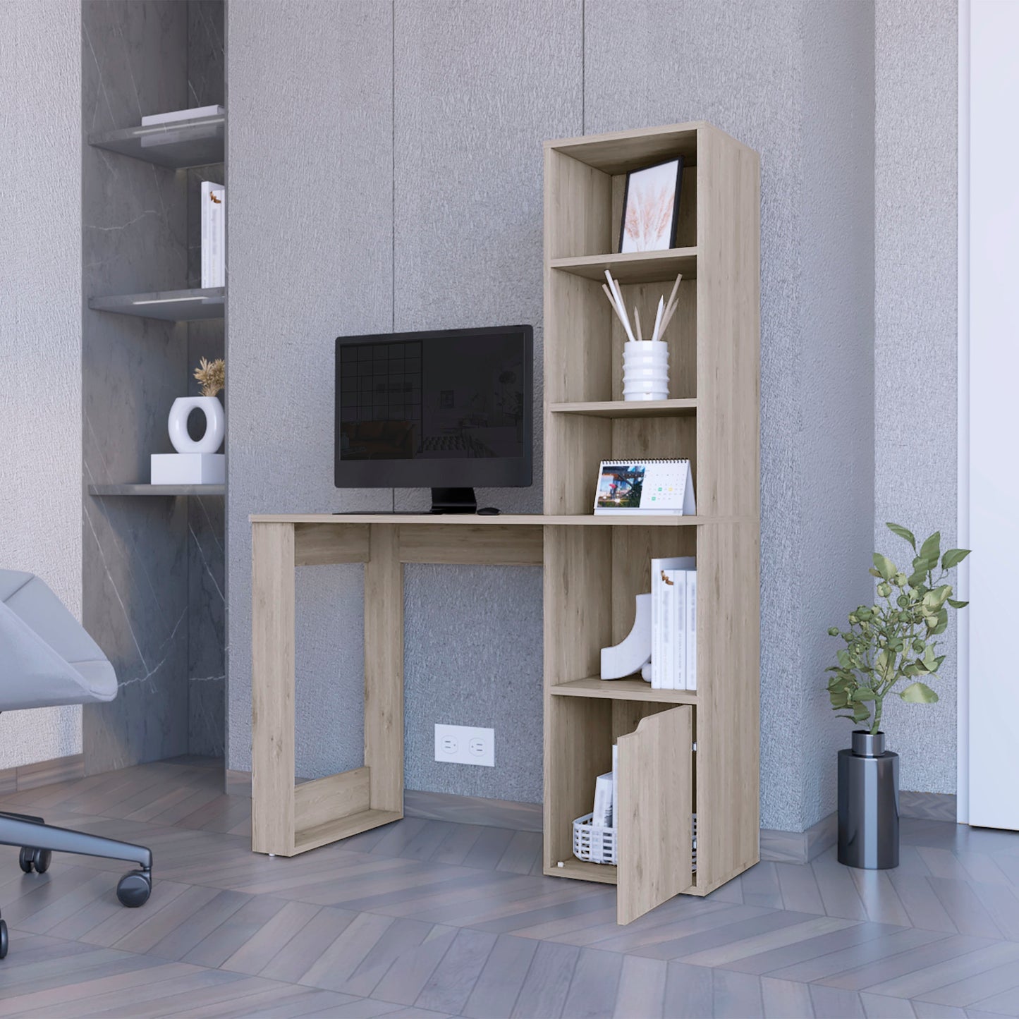 Gray Computer Desk with Bookcase & Storage for Home Office