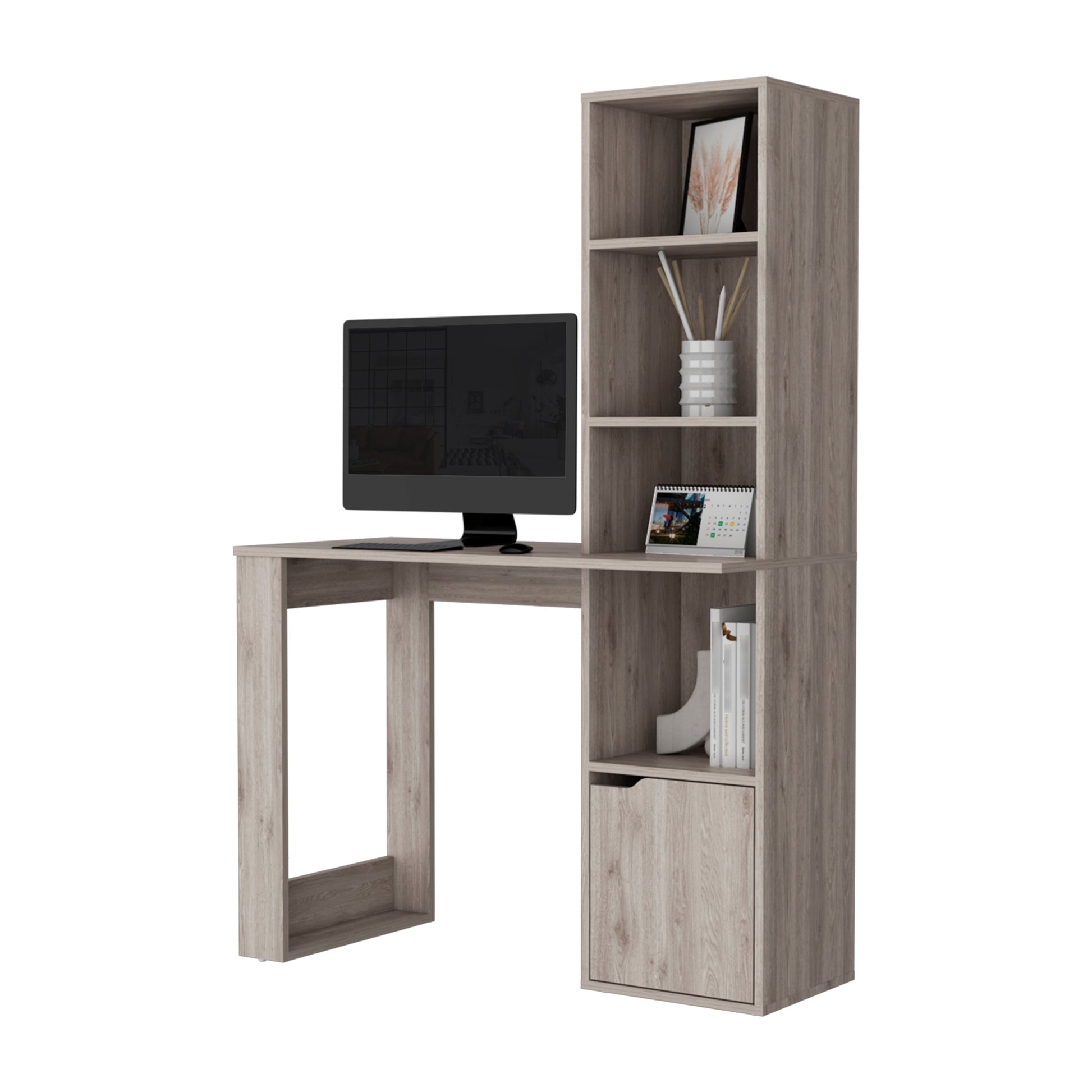 Gray Computer Desk with Bookcase & Storage for Home Office