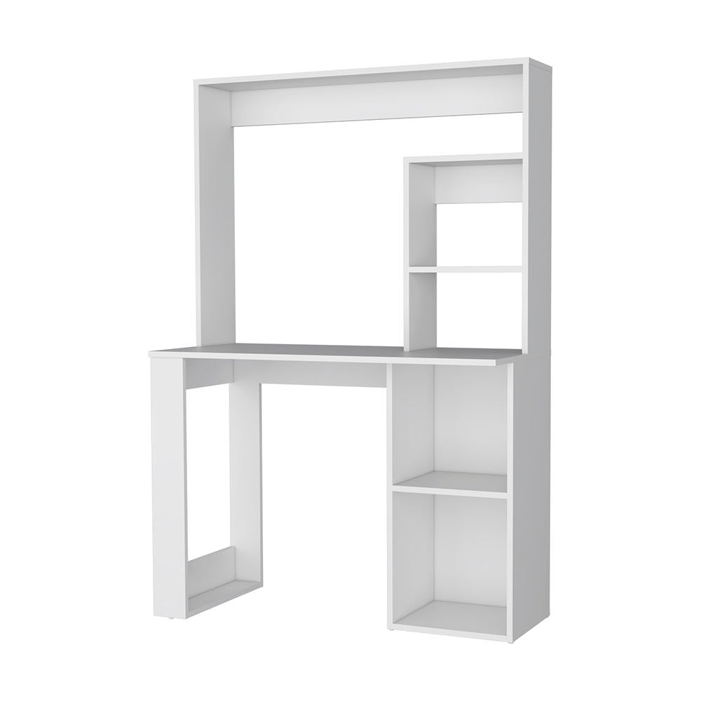 White Engineered Wood Computer Desk with Hutch for Office Storage