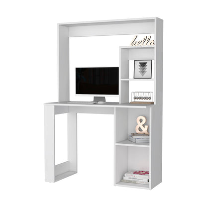 White Engineered Wood Computer Desk with Hutch for Office Storage