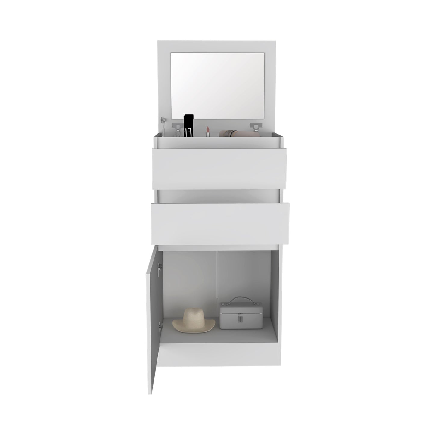 White Particle Board Dresser with Mirror and Storage for Bedroom