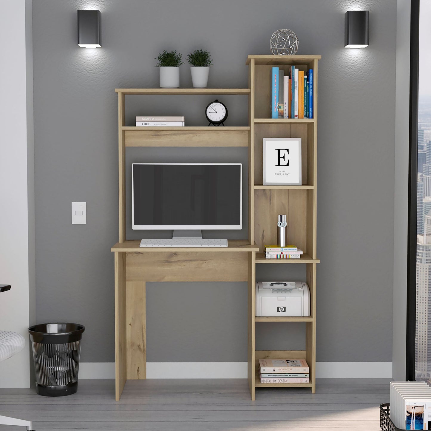 Light Oak 6 Shelf Writing Desk with Built-in Bookcase