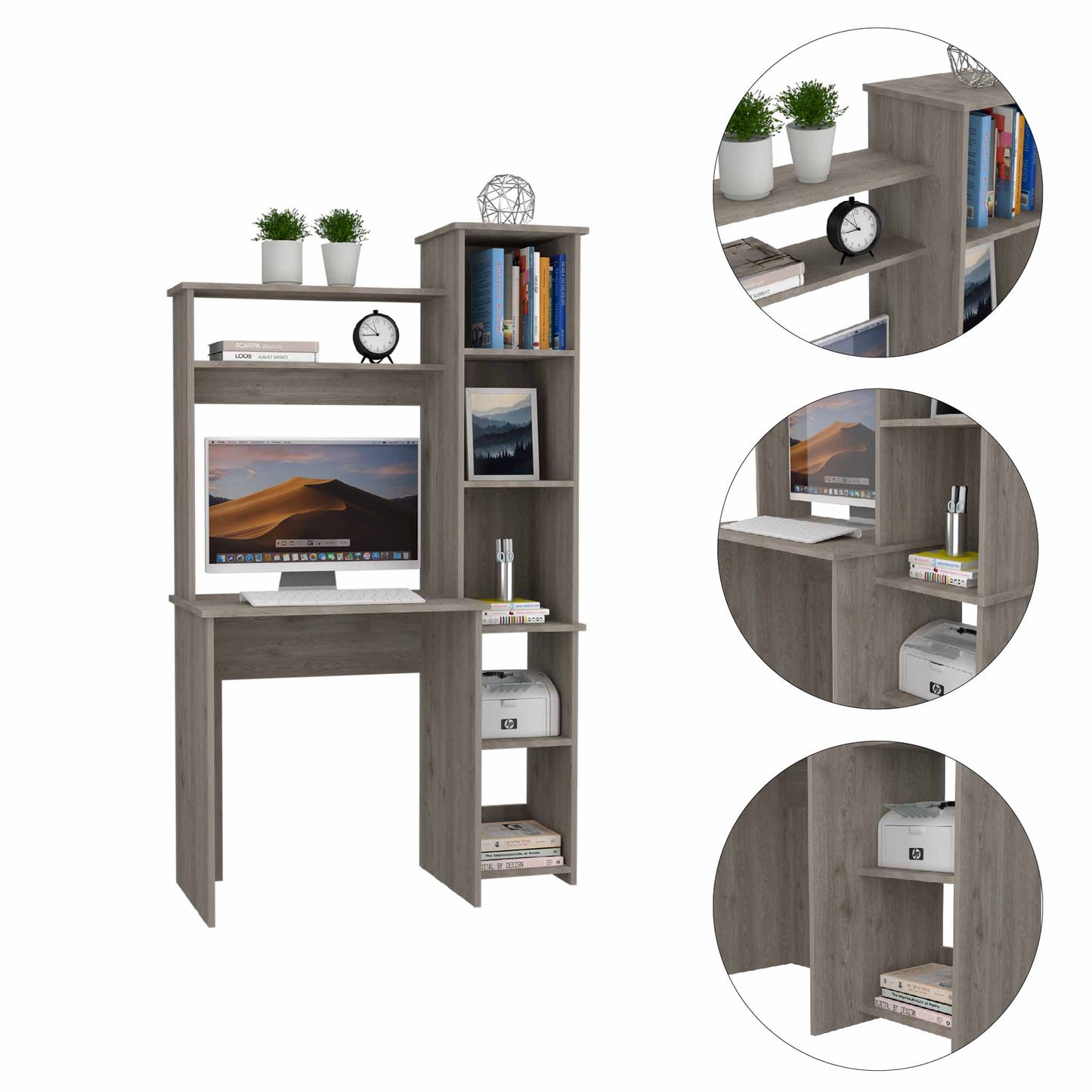 Light Grey 6-Shelf Desk with Bookcase - Home Office Storage